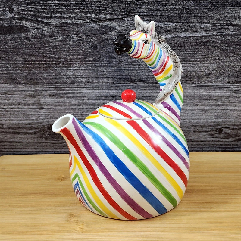 Load image into Gallery viewer, Zebra Teapot Rainbow Colored Safari Animal Ceramics Tea Pot Blue Sky
