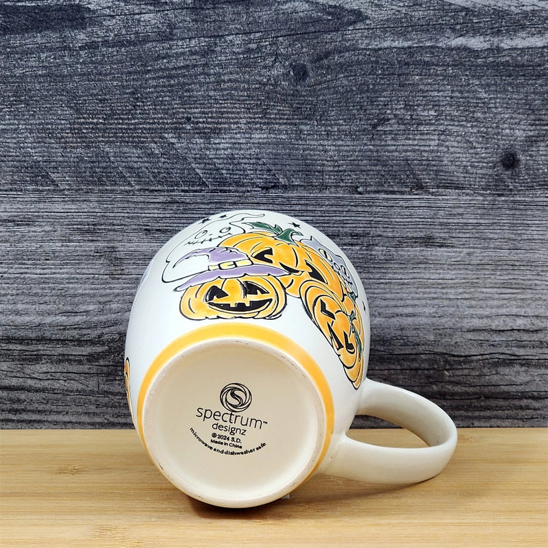 Load image into Gallery viewer, Whimsical Jack-O-Lantern Halloween Coffee Mug Orange Ghost Cup Ceramic Blue Sky