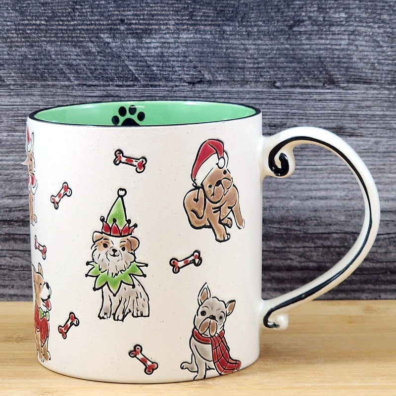 Load image into Gallery viewer, Christmas Dogs in Santa Hat Ceramic Mug Blue Sky Ceramic Embossed Green Cup 21oz