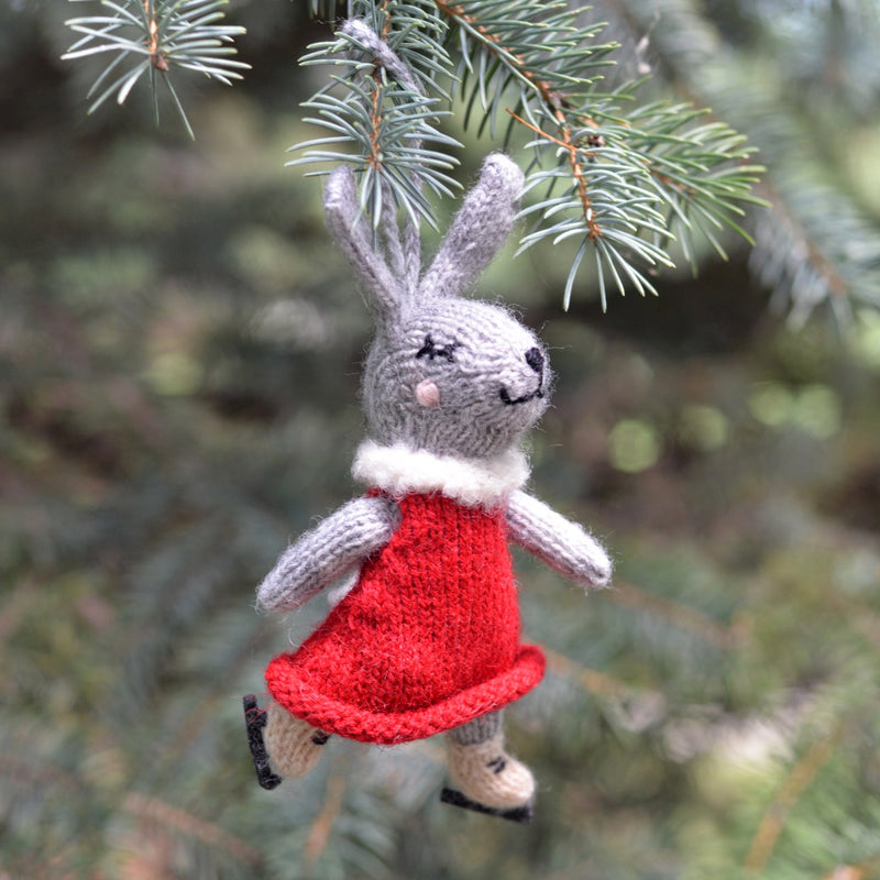 Load image into Gallery viewer, Easter Bunny Ice Skating Ornament Handmade Knitted