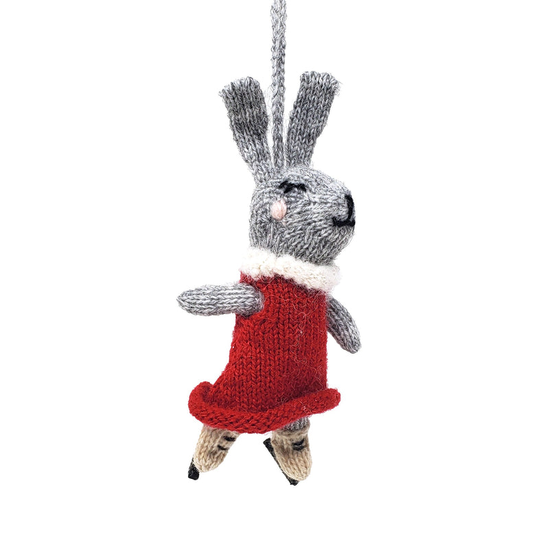 Load image into Gallery viewer, Easter Bunny Ice Skating Ornament Handmade Knitted