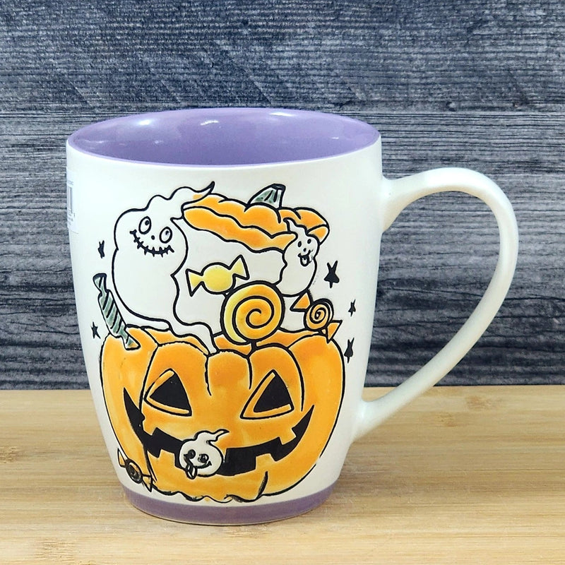 Load image into Gallery viewer, Halloween Coffee Mug Jack-O-Lantern Whimsical Purple Tea Cup Ceramic Blue Sky 18