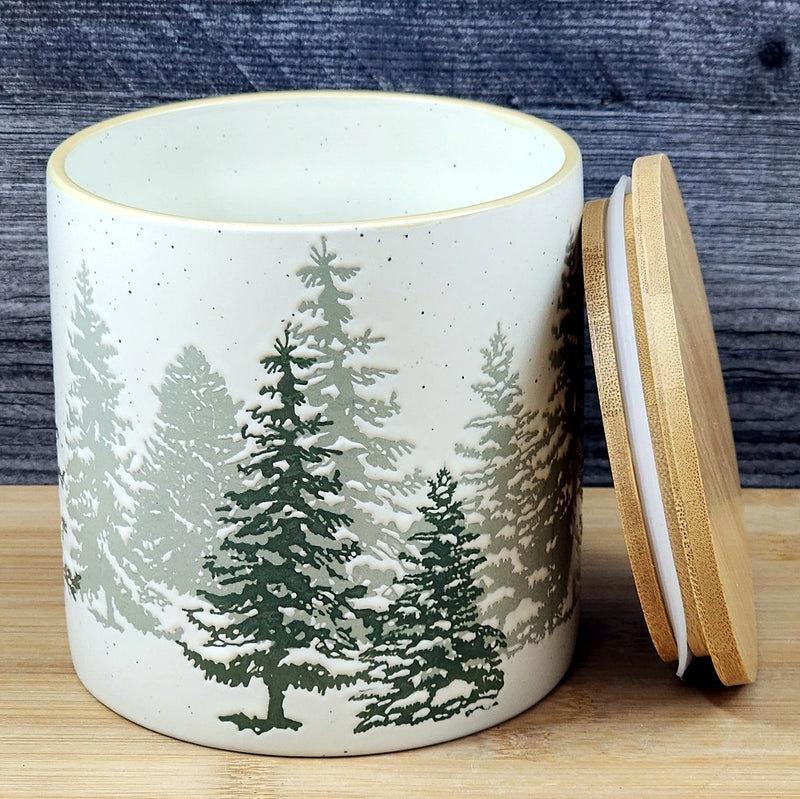 Load image into Gallery viewer, Forest Woods Tree's Canister & Bamboo Lid Embossed Ceramic Green Jar Blue Sky 5"
