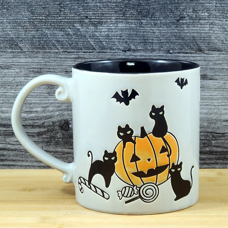 Load image into Gallery viewer, Halloween Coffee Mug Pumpkins Black Cats Ceramic Embossed Tea Cup Blue Sky 21oz