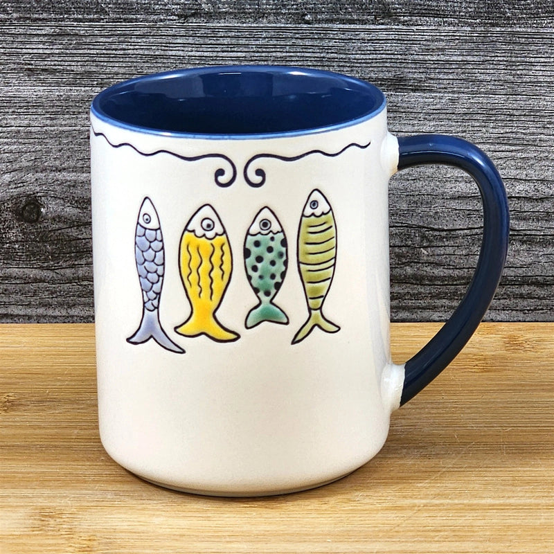Load image into Gallery viewer, Fish Coffee Mug Whimsical Sea Creatures Ceramic Embossed Tea Cup Blue Sky 15oz