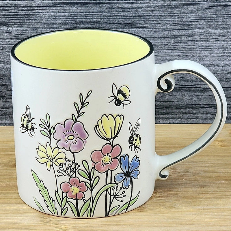 Load image into Gallery viewer, Floral Coffee Mug Summer Bee's Yellow Pink Flowers 21oz Cup Embossed Blue Sky