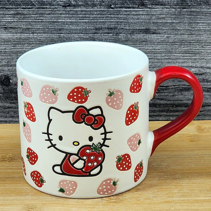 Load image into Gallery viewer, Hello Kitty Strawberry Coffee Mug Red Ceramic Tea Cup Blue Sky Embossed 18oz