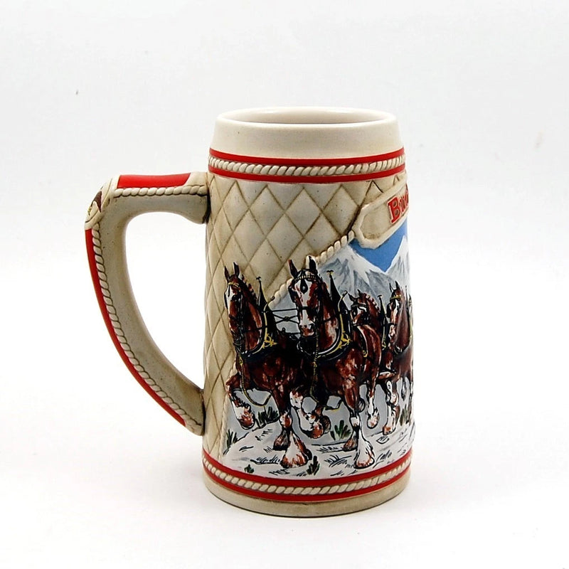 Load image into Gallery viewer, 1985 Budweiser Stein Beer Holiday Christmas Mug Wagon Clydesdales Ceramarte
