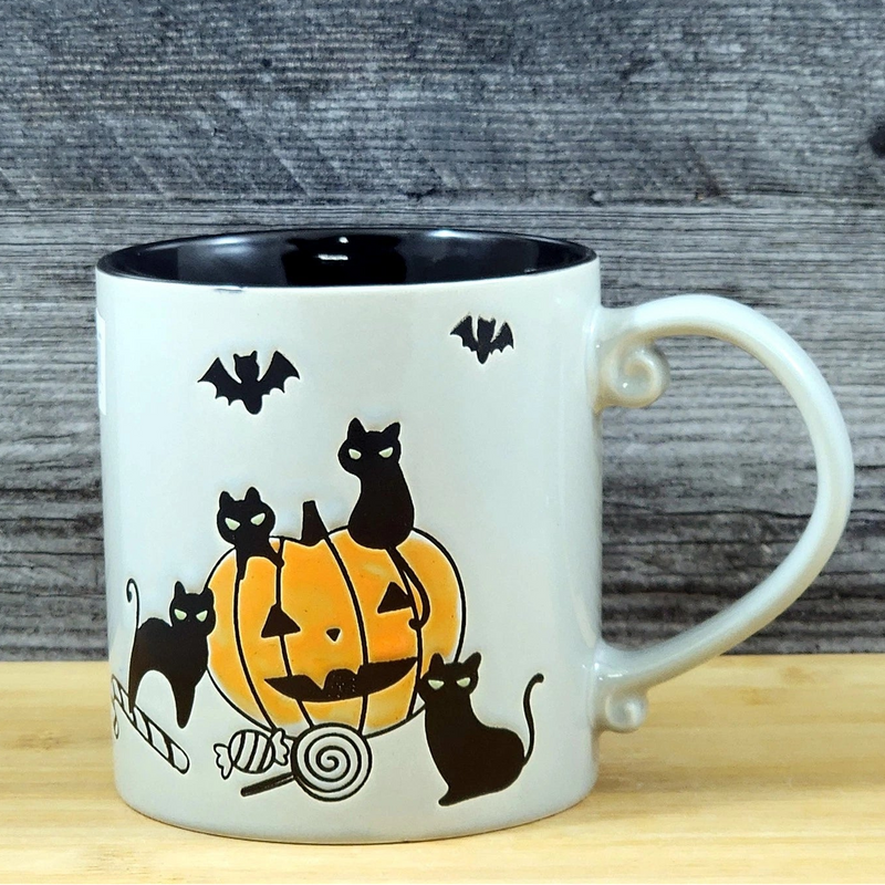 Load image into Gallery viewer, Halloween Coffee Mug Pumpkins Black Cats Ceramic Embossed Tea Cup Blue Sky 21oz
