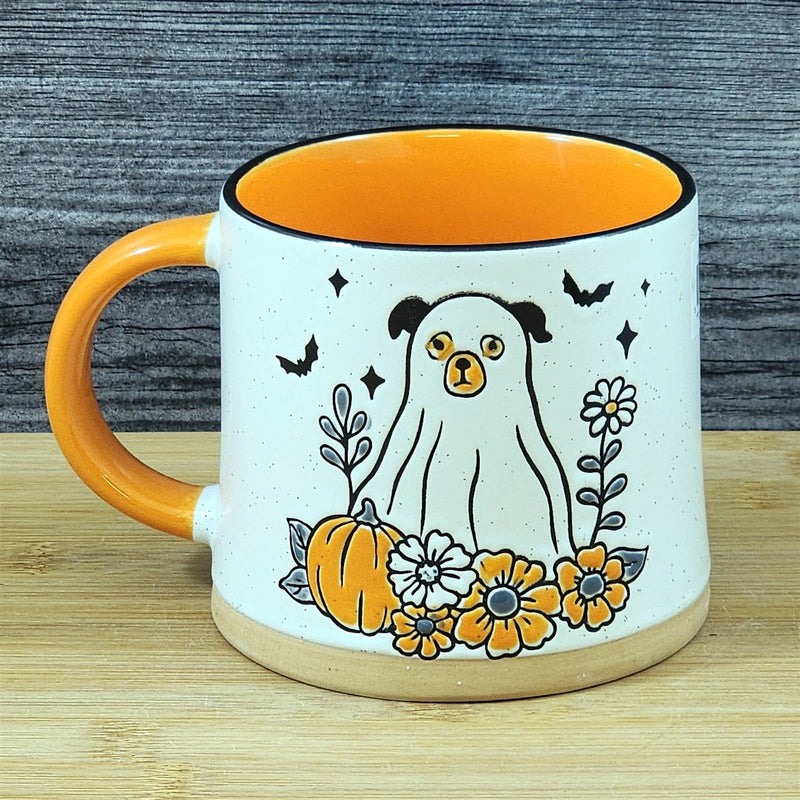 Load image into Gallery viewer, Halloween Ghost Dog Coffee Mug Pumpkin Ceramic Orange Flowers Cup Blue Sky 17oz
