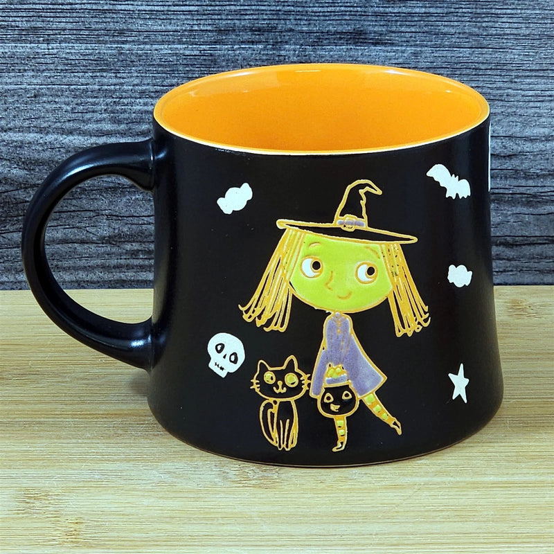 Load image into Gallery viewer, Halloween Mug Whimsical Black Orange Witch Cat Skull Bats Ceramic Cup Blue Sky