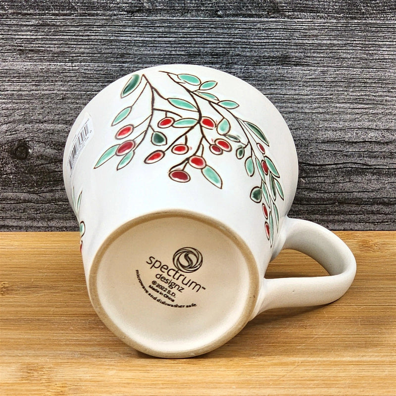 Load image into Gallery viewer, Holiday Cranberry Pine Coffee Mug Green Embossed Christmas Cup Blue Sky 17oz