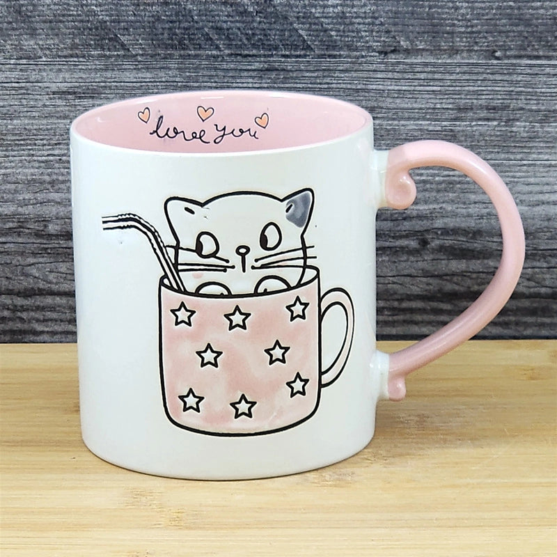 Load image into Gallery viewer, Cat Lover Coffee Mug Embossed Ceramic Tea Cup Large 21oz by Blue Sky Pink Inside