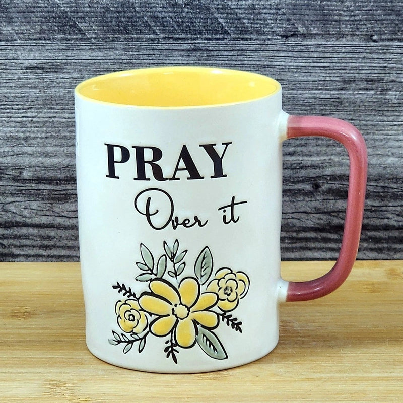 Load image into Gallery viewer, Religious Pray Coffee Mug Floral Yellow White Pink Embossed 18 oz Cup Blue Sky