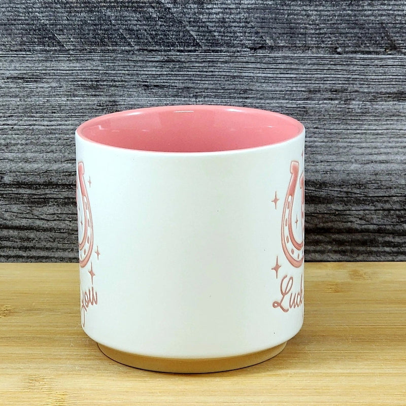 Load image into Gallery viewer, Country Western Coffee Mug Pink Lucky Horse Shoe Ceramic Tea Cup Blue Sky 18oz