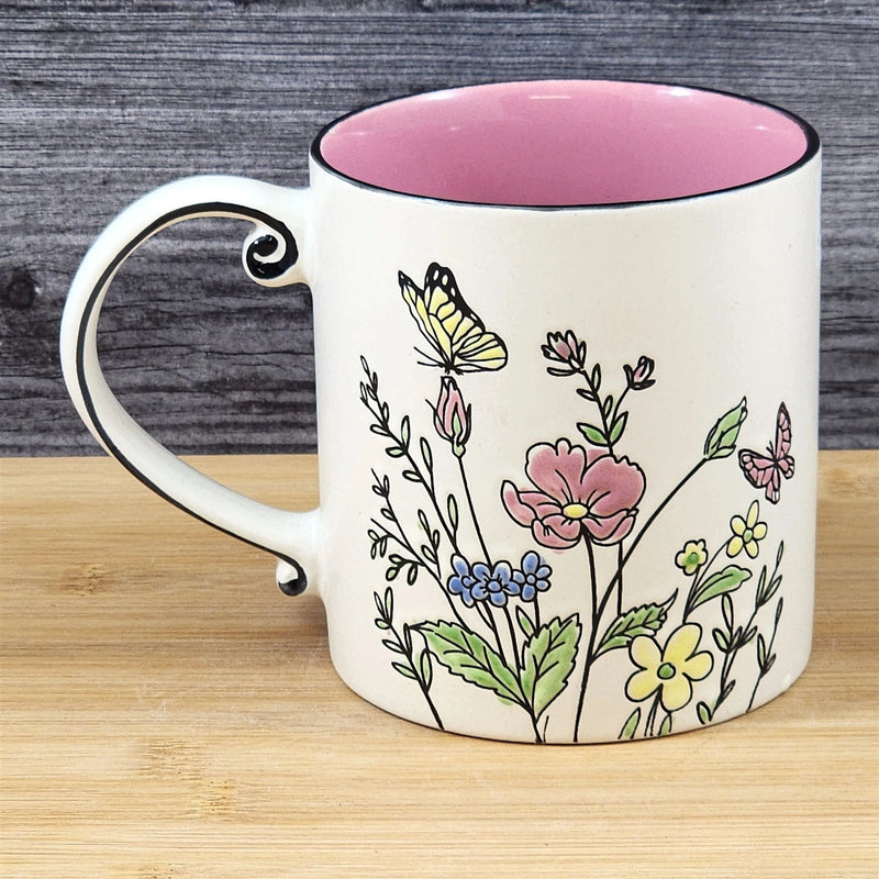 Load image into Gallery viewer, Floral Coffee Mug Summer Butterfly's Pink Flowers 21oz Cup Embossed Blue Sky