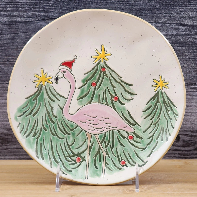 Load image into Gallery viewer, Pink Flamingo Salad Plate Whimsical Christmas Tree Holiday Ceramic Blue Sky 8"