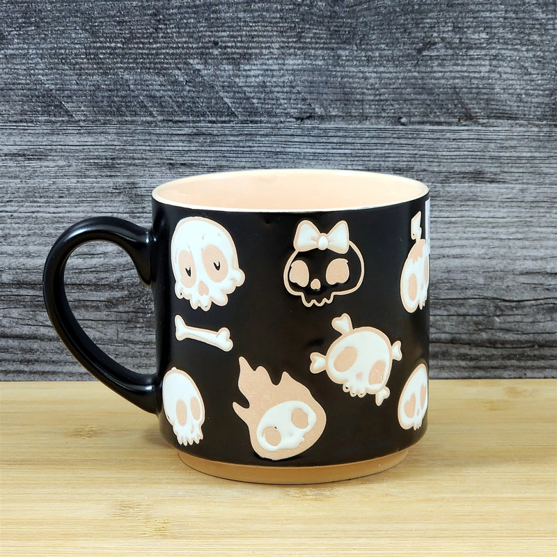 Load image into Gallery viewer, Halloween Whimsical Skulls Black Mug Ceramic Coffee Tea Cup by Blue Sky 18oz