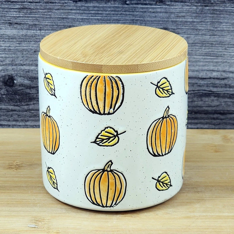 Load image into Gallery viewer, Fall Pumpkin Canister & Bamboo Lid Embossed 4" Ceramic Yellow Jar Blue Sky