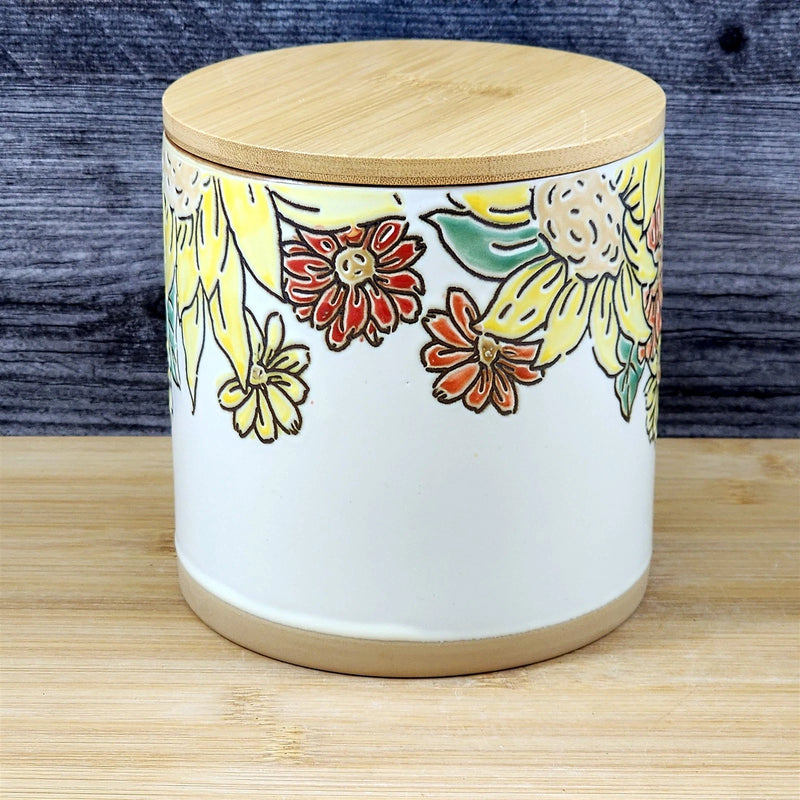 Load image into Gallery viewer, Brandywine Sunflower Canister & Bamboo Lid Embossed 5" Ceramic Jar Blue Sky