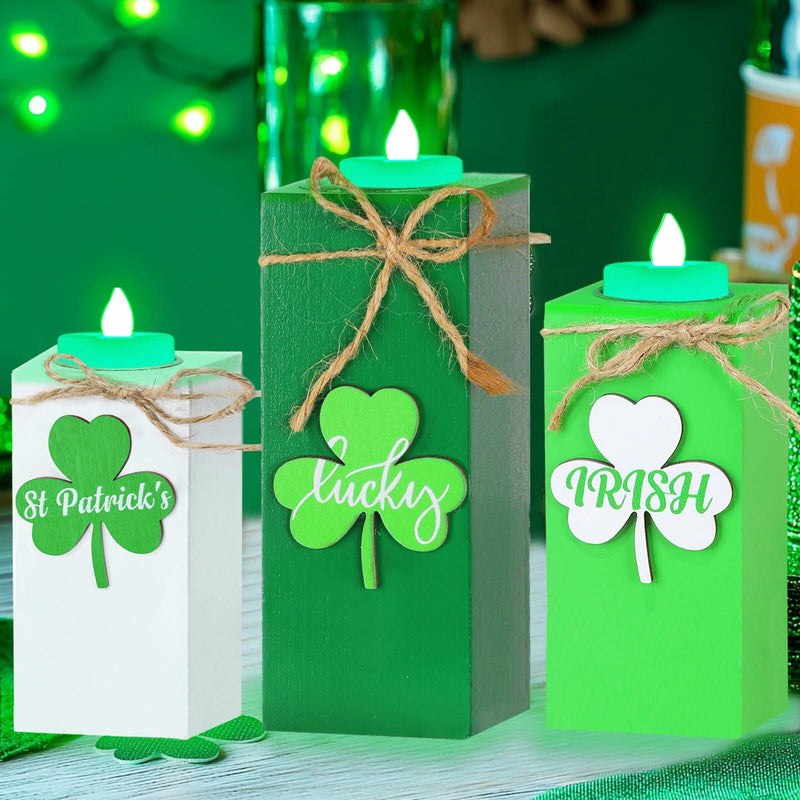 Load image into Gallery viewer, 3 Pack St. Patrick's Day Flameless Tea Light Candles Shamrock Design Green
