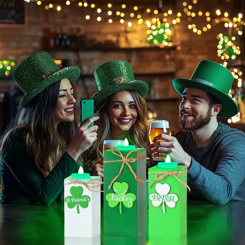 Load image into Gallery viewer, 3 Pack St. Patrick's Day Flameless Tea Light Candles Shamrock Design Green