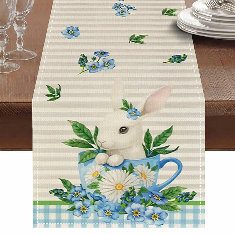 Load image into Gallery viewer, Easter Table Runner 13x72in Blue Bunny Floral Spring Decor