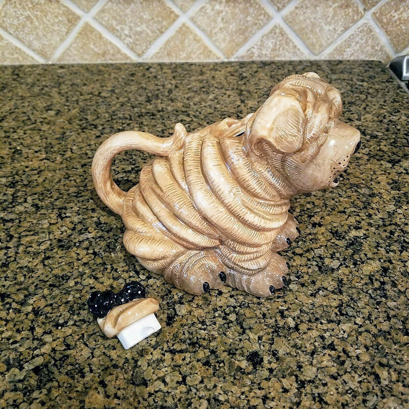 Load image into Gallery viewer, Shar Pei Dog Teapot Brown Ceramic Collectible Kitchen Décor Blue Sky Goldminic