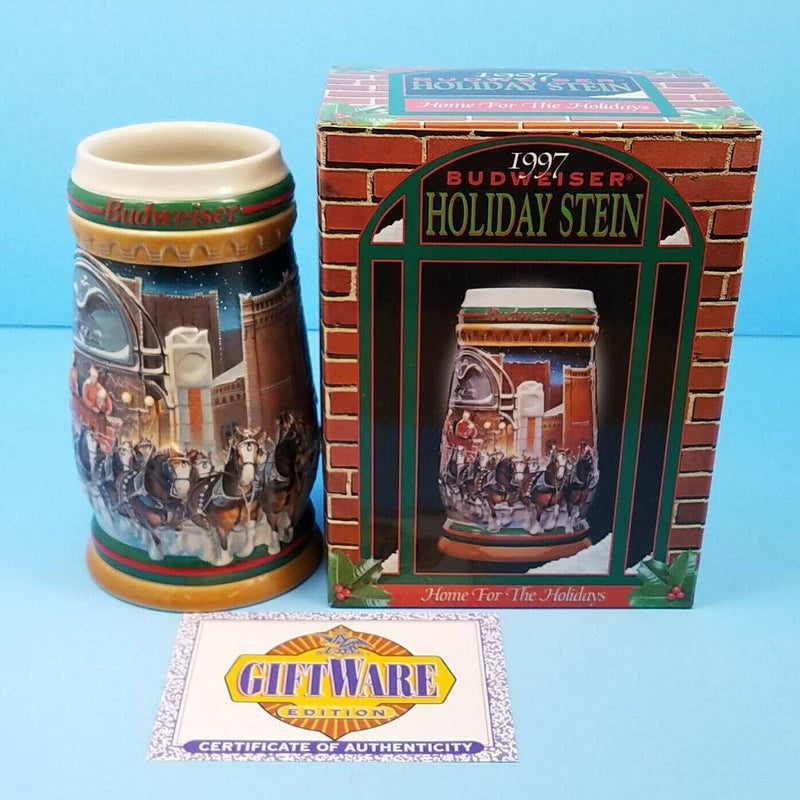 Load image into Gallery viewer, Budweiser Holiday 1997 Mug Stein CS313 Home For The Holidays Ceramarte COA