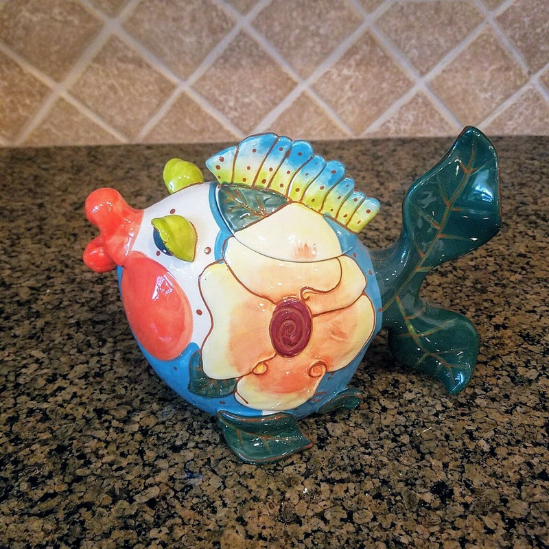 Load image into Gallery viewer, Miss Lorelei Teapot Ceramic Flower Kissy Fish Embossed Tea Pot Blue Sky Goldminc