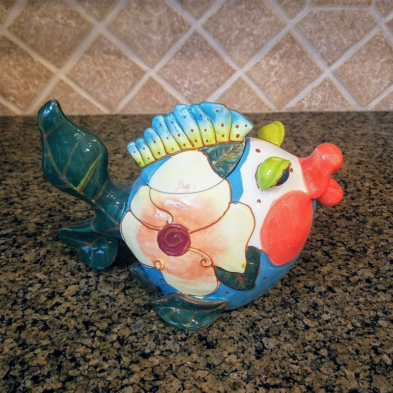 Load image into Gallery viewer, Miss Lorelei Teapot Ceramic Flower Kissy Fish Embossed Tea Pot Blue Sky Goldminc