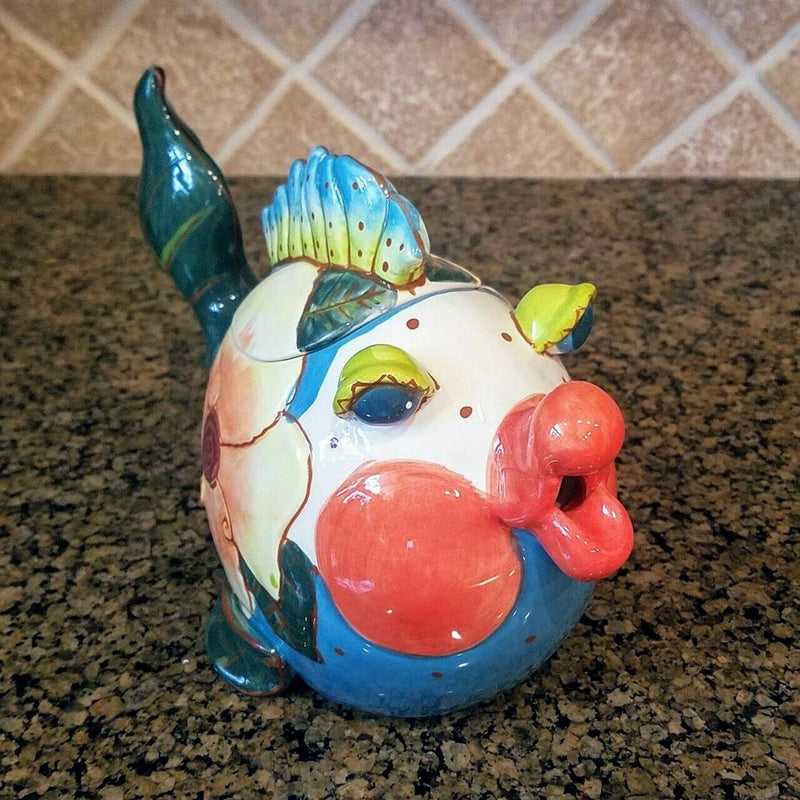 Load image into Gallery viewer, Miss Lorelei Teapot Ceramic Flower Kissy Fish Embossed Tea Pot Blue Sky Goldminc