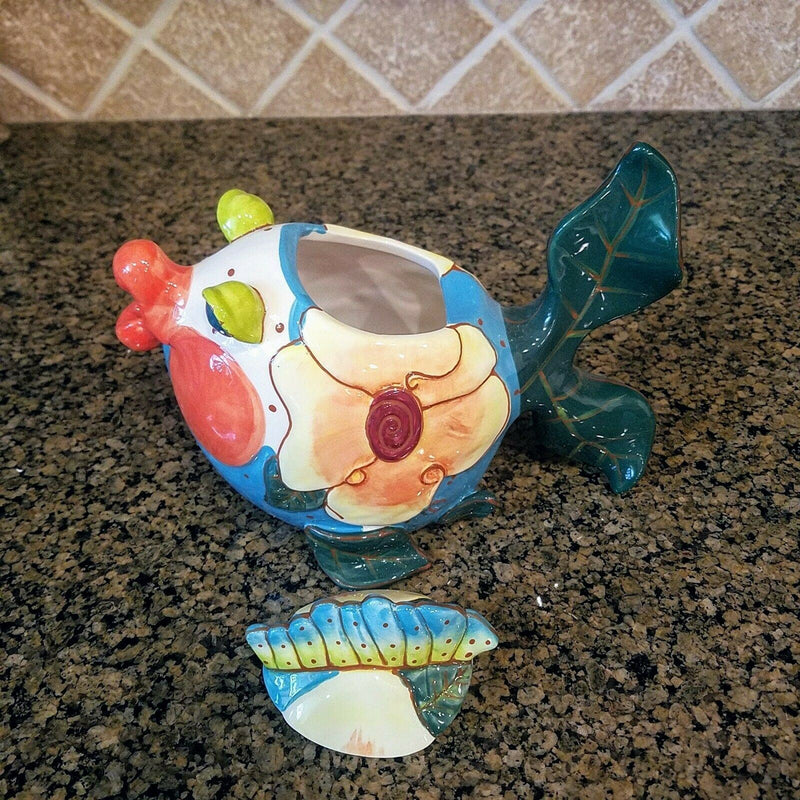 Load image into Gallery viewer, Miss Lorelei Teapot Ceramic Flower Kissy Fish Embossed Tea Pot Blue Sky Goldminc