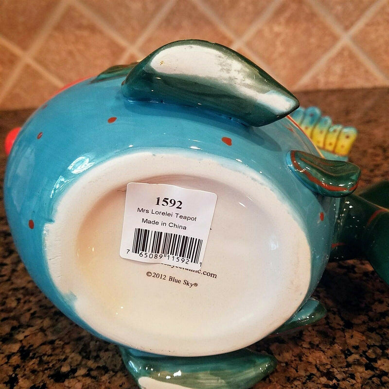 Load image into Gallery viewer, Miss Lorelei Teapot Ceramic Flower Kissy Fish Embossed Tea Pot Blue Sky Goldminc