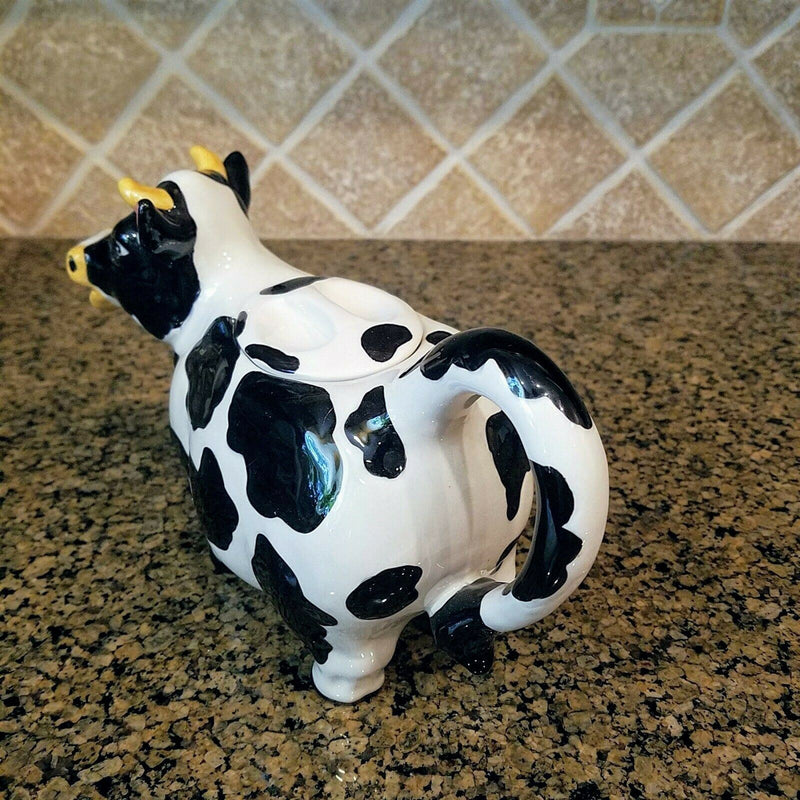 Load image into Gallery viewer, Cow Teapot Ceramics Animal Kitchen Collectible Tea Pot Blue Sky Heather Goldminc