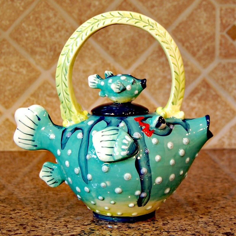 Load image into Gallery viewer, Puffer Fish Teapot Ceramic Embossed Home Décor Blue Sky Tea Pot