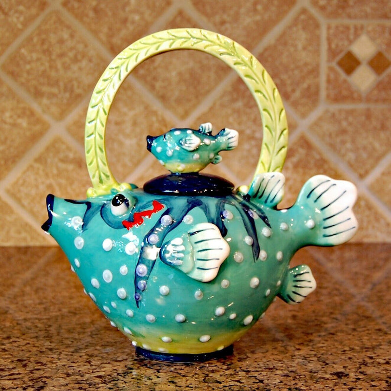 Load image into Gallery viewer, Puffer Fish Teapot Ceramic Embossed Home Décor Blue Sky Tea Pot