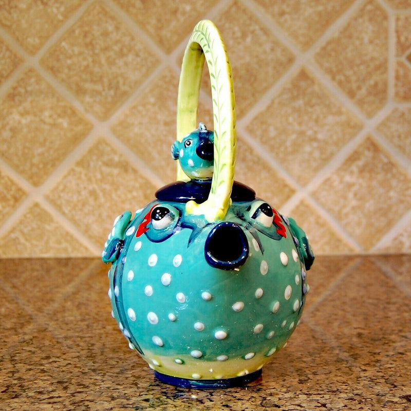 Load image into Gallery viewer, Puffer Fish Teapot Ceramic Embossed Home Décor Blue Sky Tea Pot