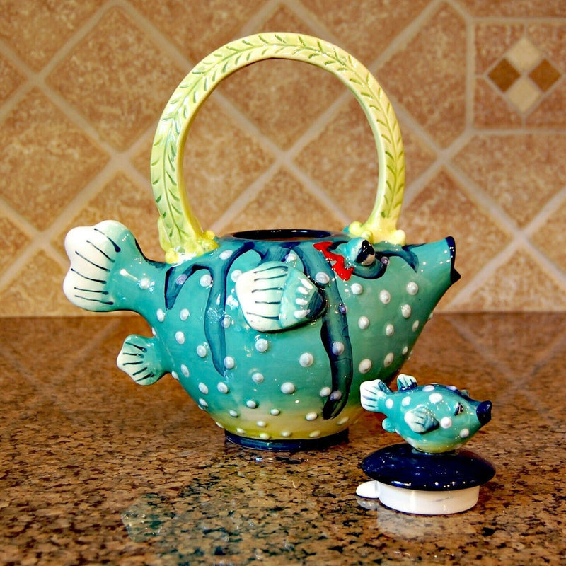 Load image into Gallery viewer, Puffer Fish Teapot Ceramic Embossed Home Décor Blue Sky Tea Pot