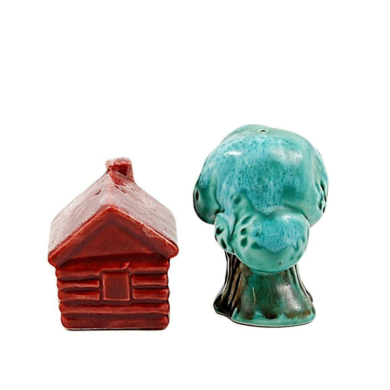Load image into Gallery viewer, Log Cabin and Tree Salt and Pepper Shakers Red and Green Ceramic