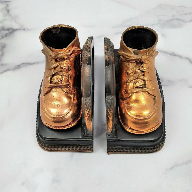 Load image into Gallery viewer, Baby Shoe Bookends Vintage Bronzed Metal Copper Dipped Pair Child Toddler Bootie