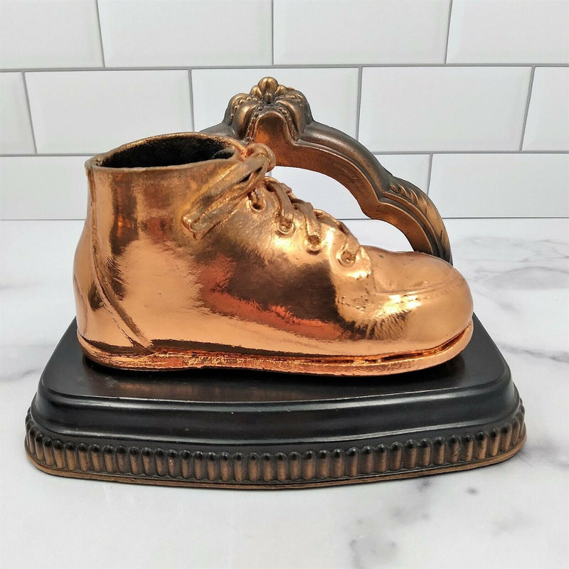 Load image into Gallery viewer, Baby Shoe Bookends Vintage Bronzed Metal Copper Dipped Pair Child Toddler Bootie