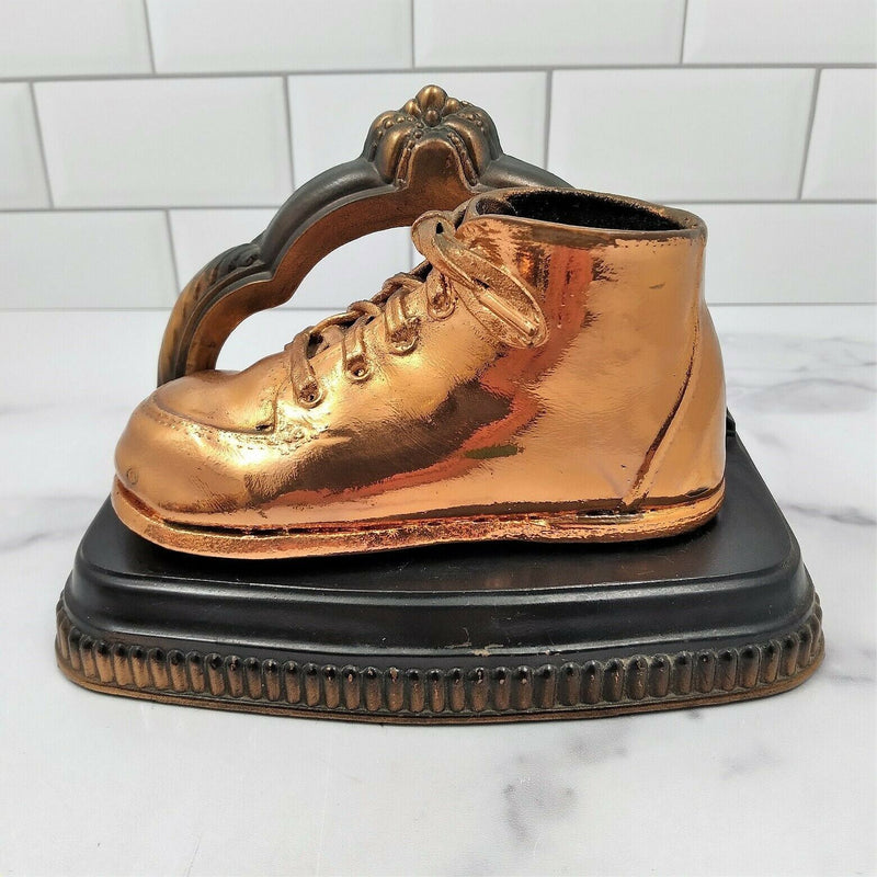 Load image into Gallery viewer, Baby Shoe Bookends Vintage Bronzed Metal Copper Dipped Pair Child Toddler Bootie