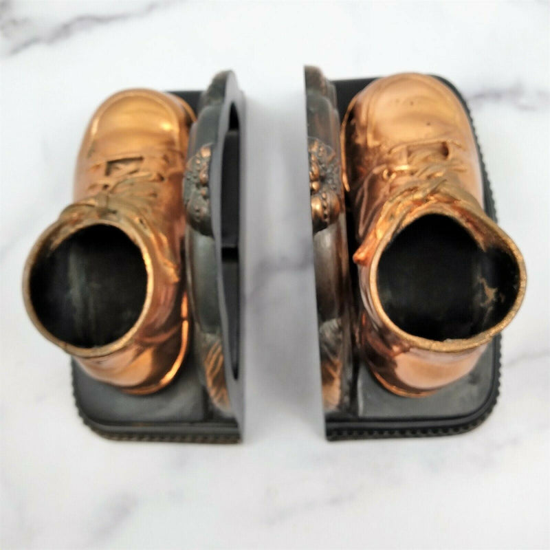 Load image into Gallery viewer, Baby Shoe Bookends Vintage Bronzed Metal Copper Dipped Pair Child Toddler Bootie