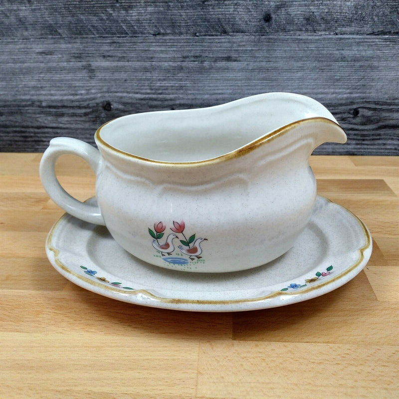 Load image into Gallery viewer, Heartland International China Gravy Boat and Under Plate Farm Scene Set Tan Trim