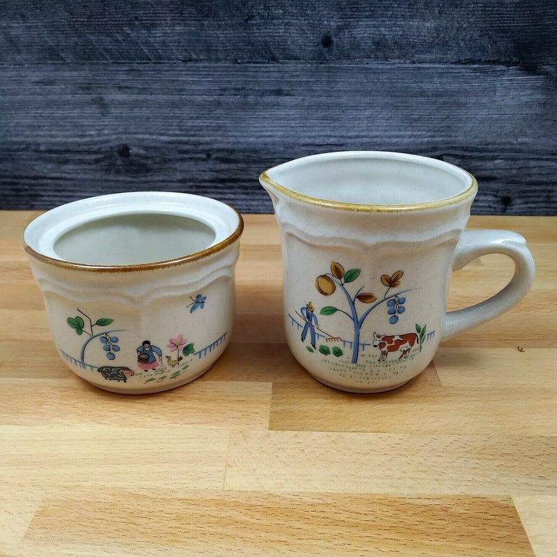 Load image into Gallery viewer, Heartland International China Cream and Sugar Set Farm Scene Tan Trim