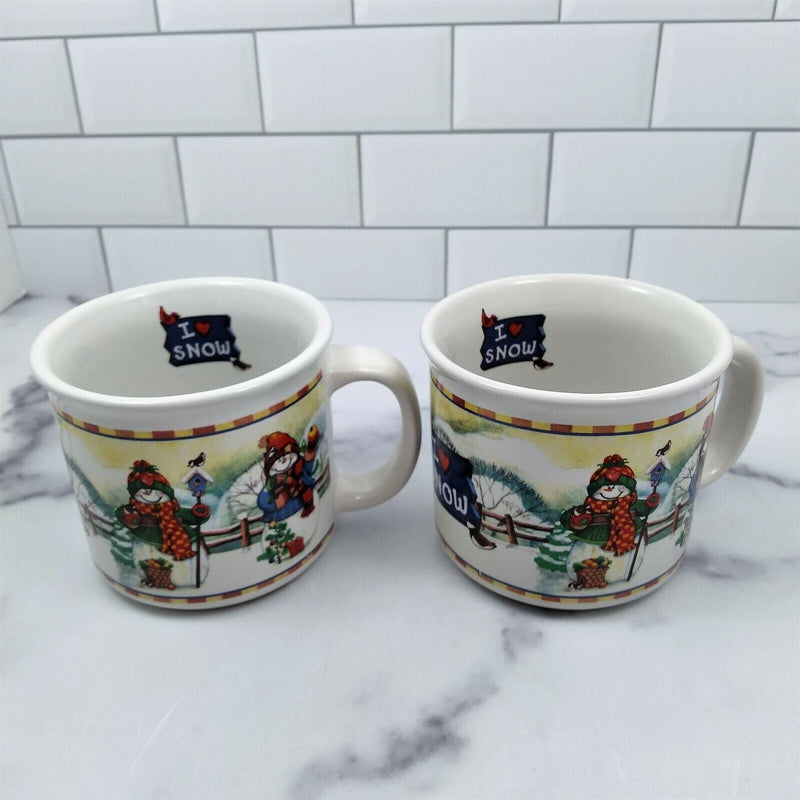 Load image into Gallery viewer, I Heart Snow Coffee Mugs with Snowman Set of 2 Ceramic Tea Cups