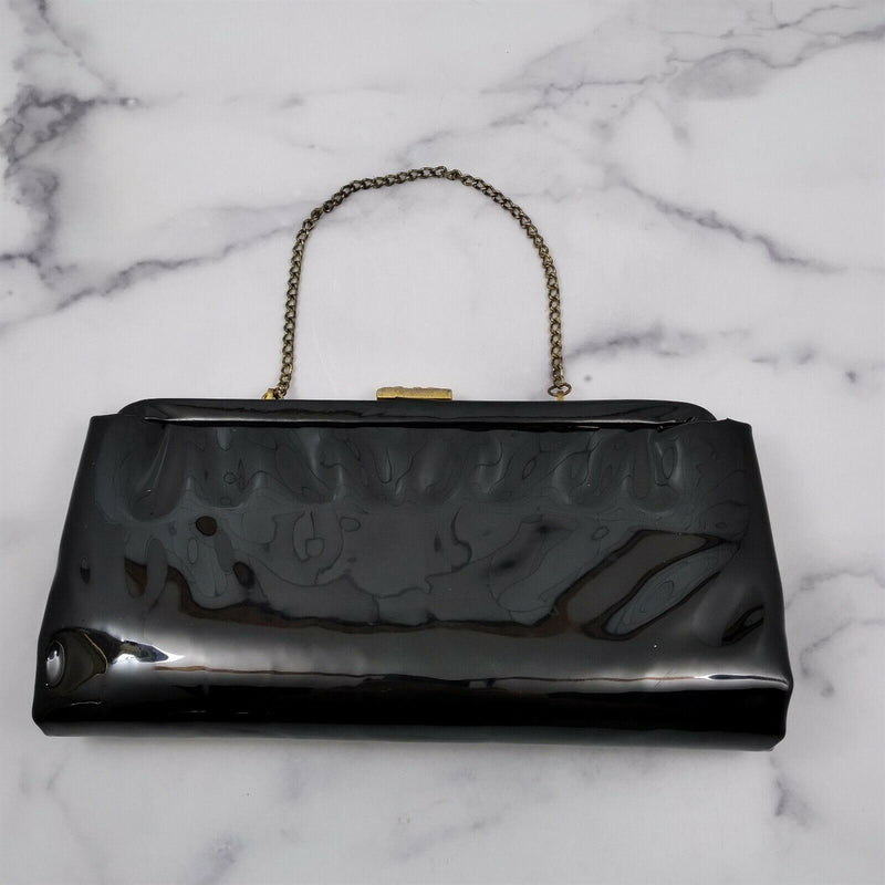Load image into Gallery viewer, Vintage Ladies Cocktail Evening Handbag Purse Glossy Black Hand Clutch and Chain