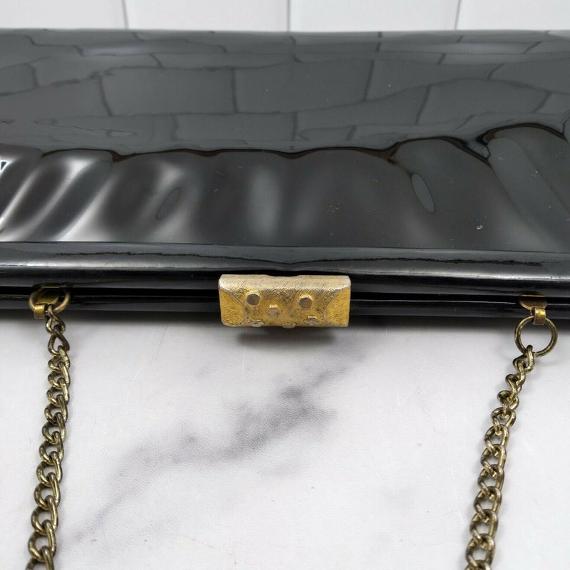 Load image into Gallery viewer, Vintage Ladies Cocktail Evening Handbag Purse Glossy Black Hand Clutch and Chain