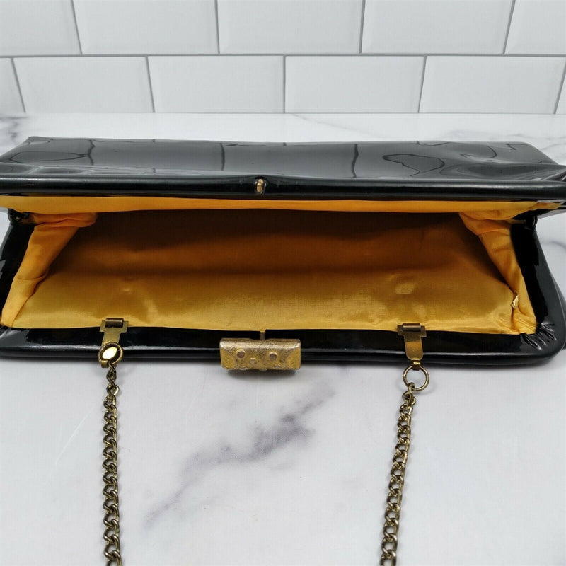 Load image into Gallery viewer, Vintage Ladies Cocktail Evening Handbag Purse Glossy Black Hand Clutch and Chain